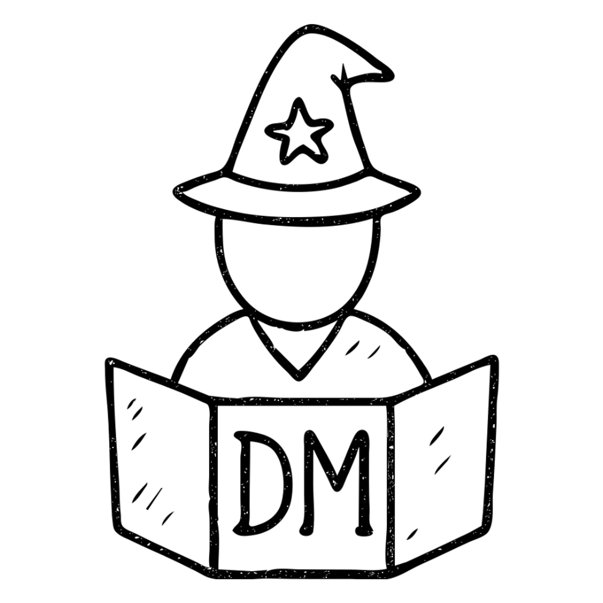 minimalist hand-drawn outlined icon representing Dungeon Master for DnD TTRPGs with worn distressed effect sticker