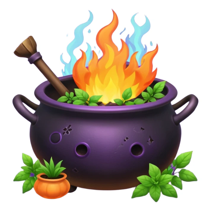 Cauldron with herbs, plants, flowers and fire sticker