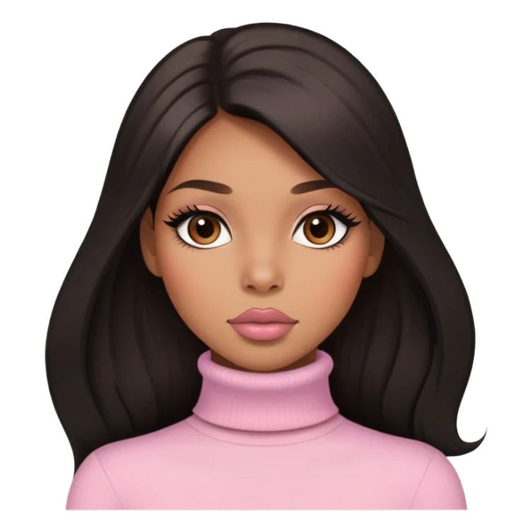 light brown skin tone, very beautiful woman, with big plump lips, long long lashes, black straight long hair, brown eyes, light pink turtle neck sticker