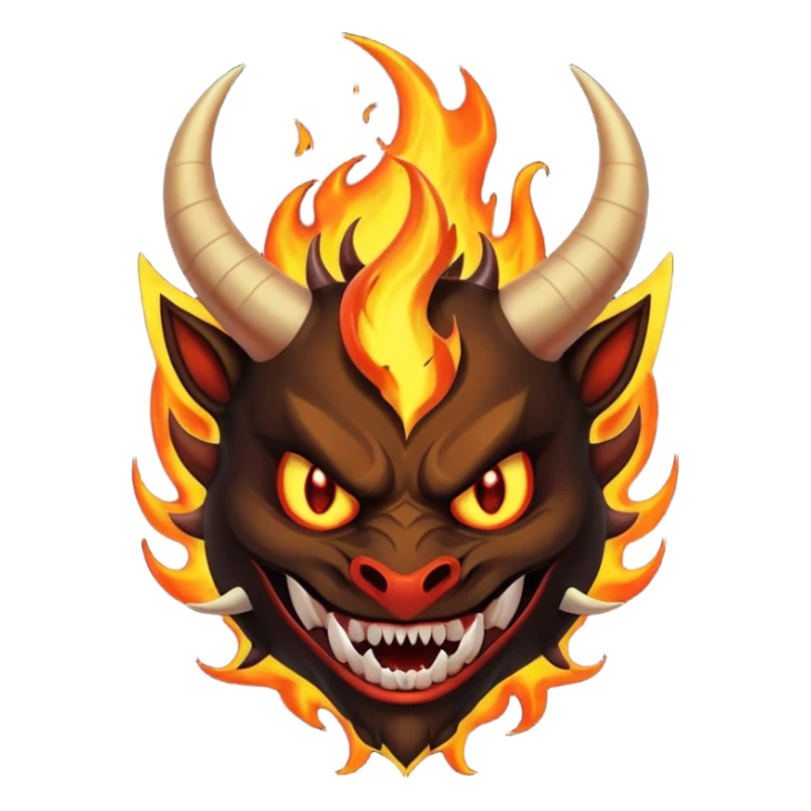 Create a dark-themed emoji of a demonic face with sharp, curved horns, glowing white eyes, an evil grin with large pointed fangs, and abstract flame-like patterns around the face.  sticker