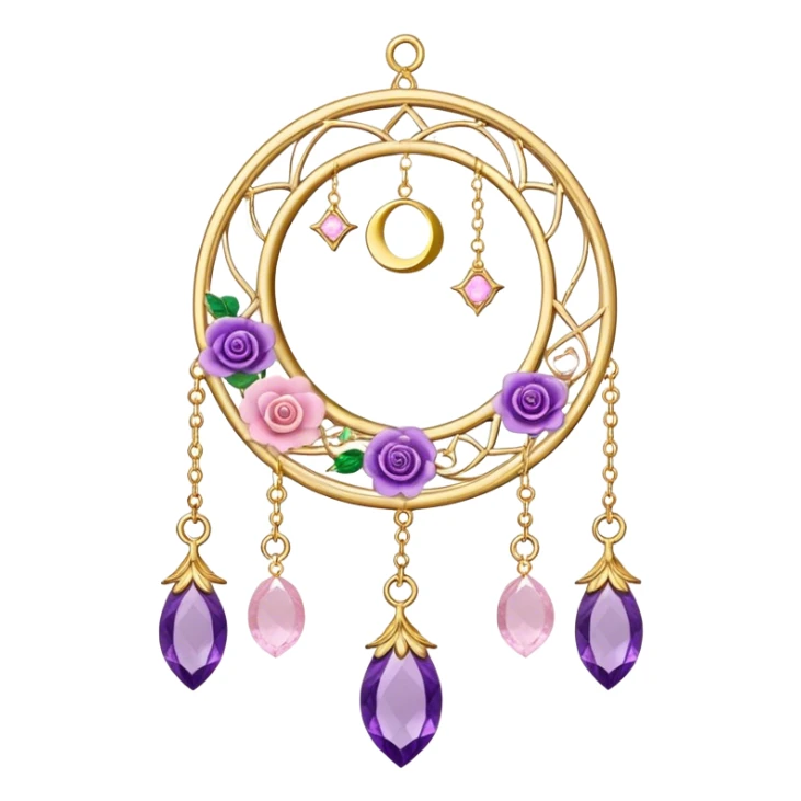 Epic beautiful gorgeous cute gold suncatcher, threads with shiny sparkly amethyst and rose-quartz gemstones, flowers, crescents-moons sticker