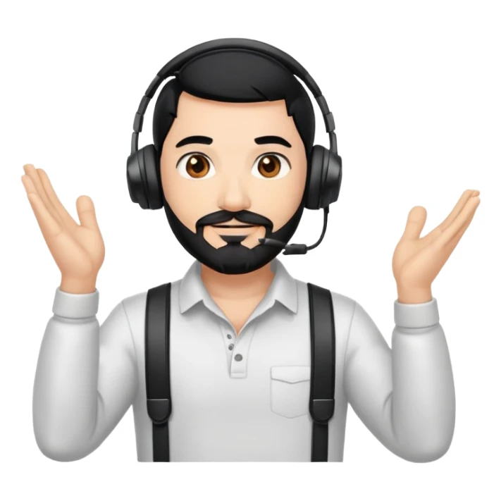 Man with black hair, brown eyes, and black beard wearing gaming headset and applauding sticker