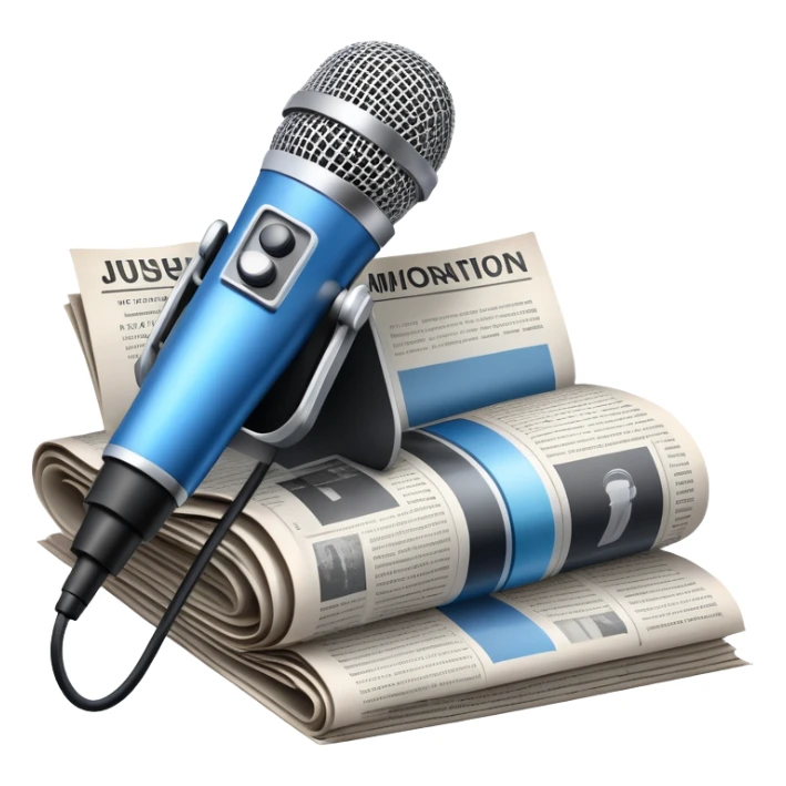 An icon featuring a microphone, a newspaper, a reporter’s camera, and soundwaves, representing journalism and mass media. The design includes headlines and imagery, symbolizing the spread of news and information. Transparent background highlights the power of communication and media. sticker