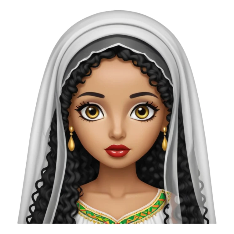 Ethiopian, pretty features, pretty lips, Ethiopian clothes, veil, medium skin, long black curly hair, pretty bratz baddie, black eyeliner sticker