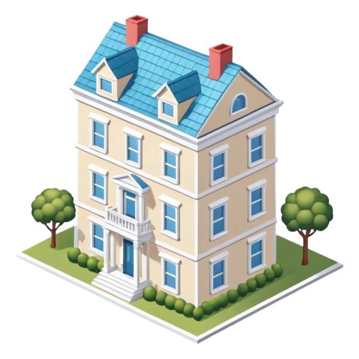 Upper East Side white townhouse exterior, isometric dollhouse-style, realistic sticker