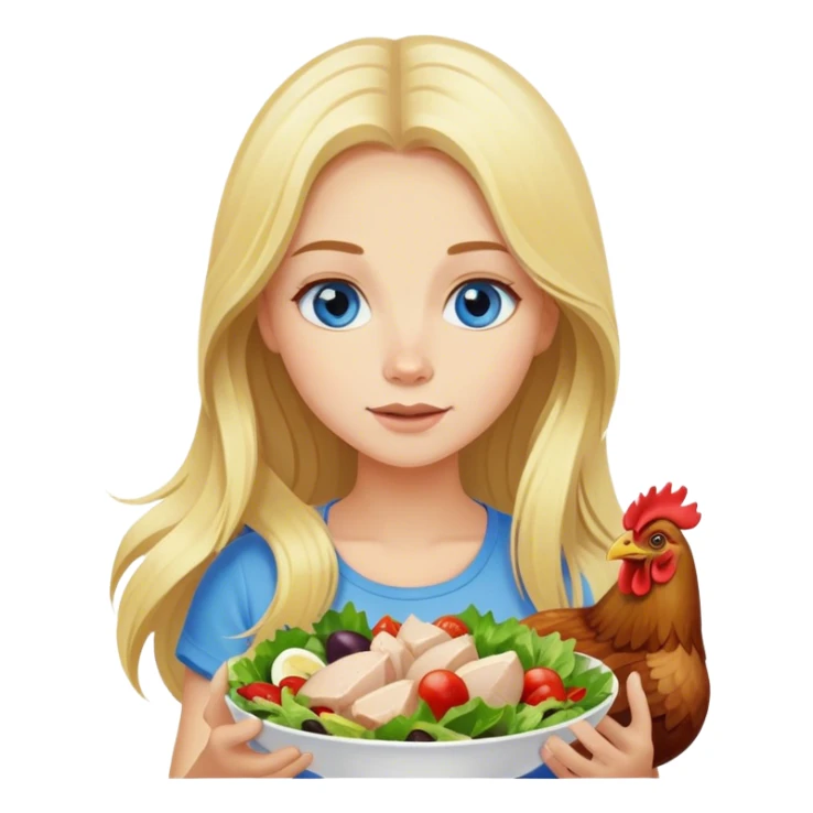 blonde girl with long hair and blue eyes eats salad and eats chicken sticker