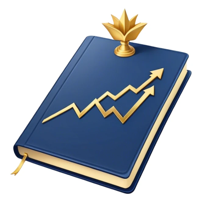 A navy blue productivity book with gold details, chart with upward trend aura, radiating productivity, strategy, and success in motion- sticker