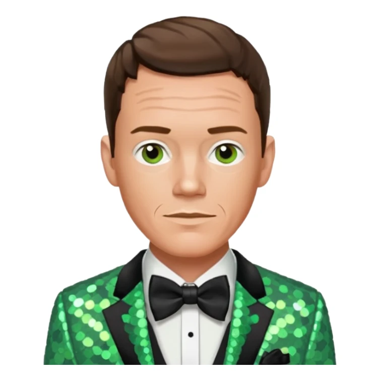 Matthew Lillard with brown hair, light green sequin suit with bow tie sticker