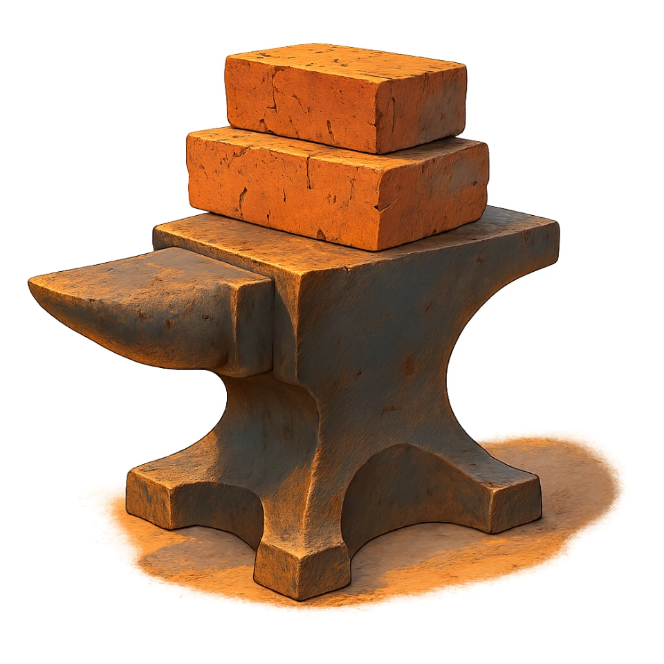 ghibli style anvil with bricks stacked on top, warm lighting sticker