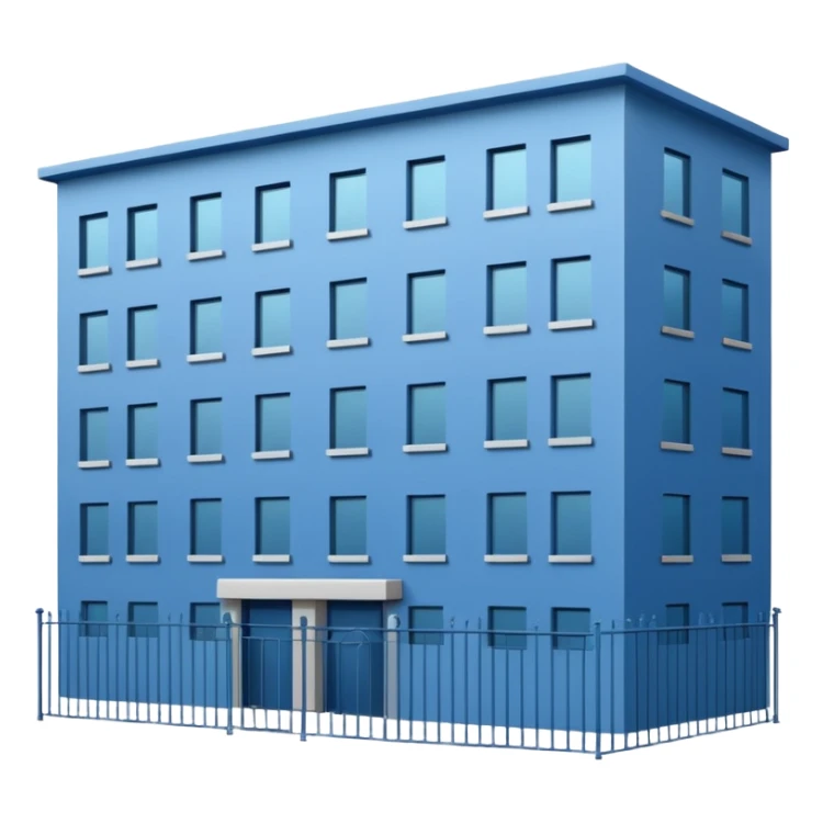 blue rectangular 9-story apartment building surrounded by fence, closed courtyard, minimal flat vector icon sticker