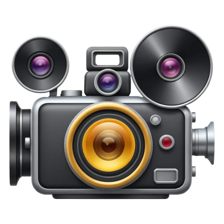 Minimal emoji icon of a huge cinematic metalic camera, front view, realistic lens, no gold sticker