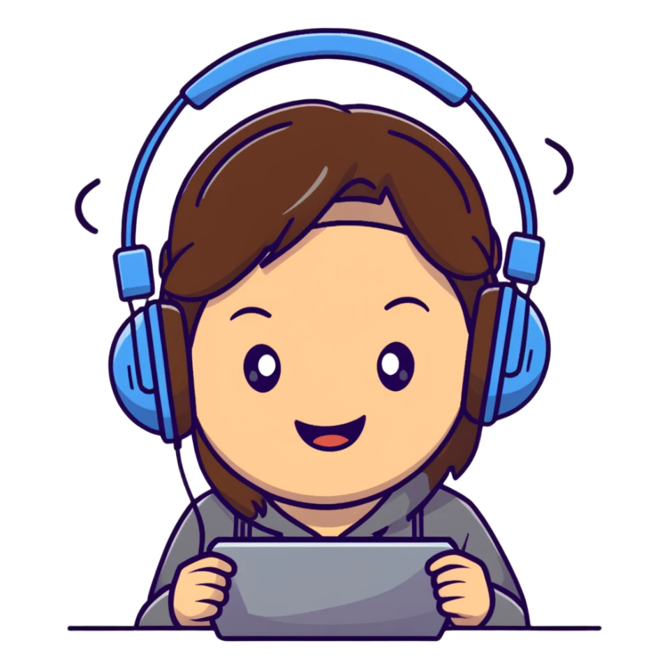 brown-haired gamer girl, excited expression, headphones, head only, emote sticker