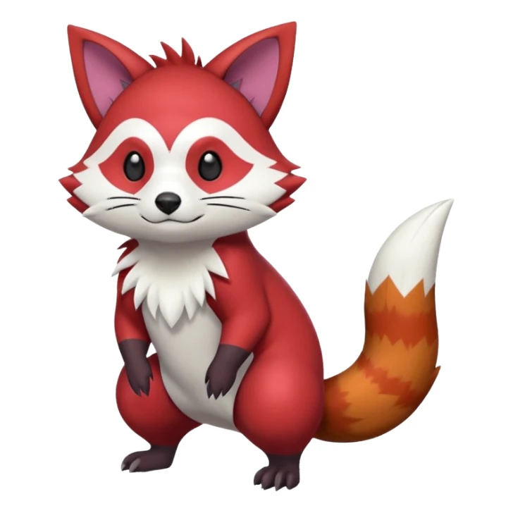 Red, brown, black, white, yellow, Zangoose-Cacomistl-Red-Panda-Rattata-Skitty-Noibat-Purrloin-Fakemon-hybrid-creature (full body) sticker