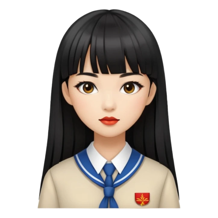 chic woman with Asian skin, black long straight bangs, wearing a school uniform, and makeup sticker