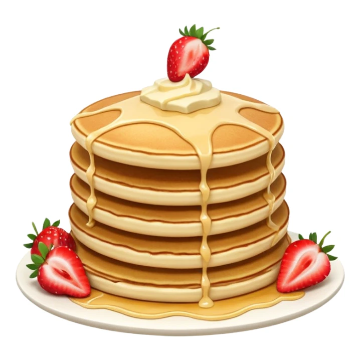 a stack of 3 pancakes with melted white chocolate drizzle on the top pancake and strawberries sticker