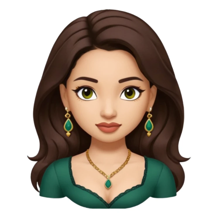 pretty bratz genmoji that looks like tamannah bhatia (bollywood actress), wearing a dark green sweetheart neckline top, dark brown hair, light makeup, no necklace, dangly earrings, side hair part, dark brown eyes, with tattoos sticker