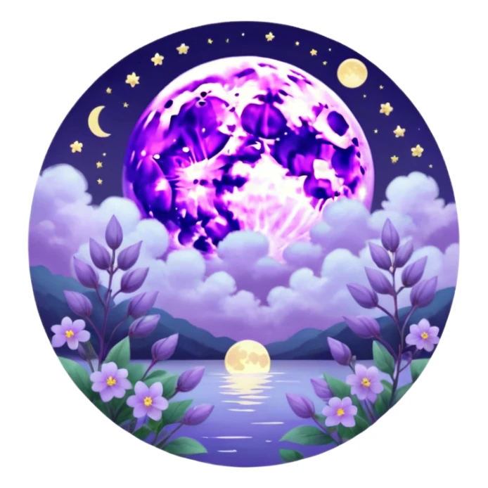 Beautiful poetic ethereal romantic magical aesthetic shiny pretty floating pastel lilac lavender Violet full moon and flowers and leaves aesthetic pastel clouds scenery  sticker