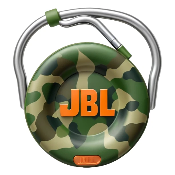 Extremely simple JBL Clip 4, clean circular form with hook, just 2-3 green camo elements, prominent JBL logo, iOS emoji style sticker