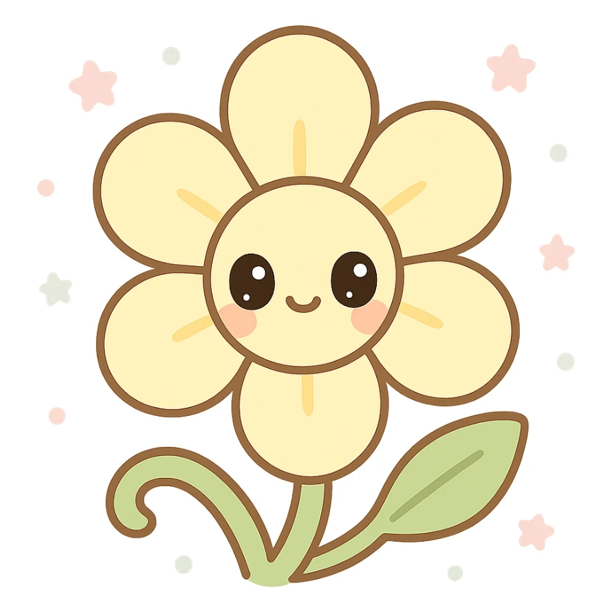 vanilla flower in kawaii style, big shiny doe eyes, soft expression, transparent background sticker