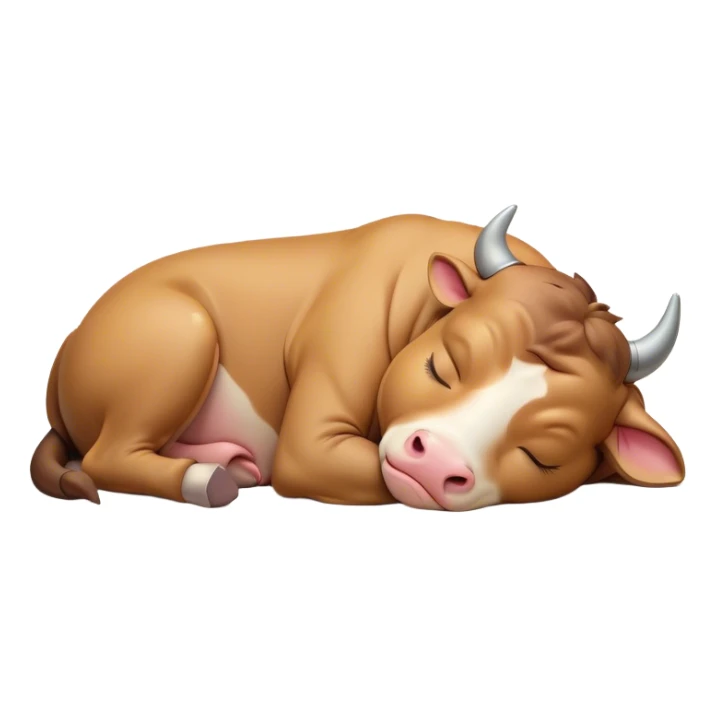 Meme-Worthy Cute Sleeping Domestic Bull Portrait Emoji, Head resting peacefully with a contented smile, showcasing a robust, muscular build and a luxuriously soft coat, eyes gently closed in serene, restful slumber, Simplified yet hilariously adorable features, highly detailed, glowing with a soft, drowsy natural light, high shine, relaxed and utterly lovable, stylized with an air of playful laziness, soft glowing outline, capturing the essence of a sleeping domestic bull that feels destined to become the next viral sensation of adorable rest! sticker