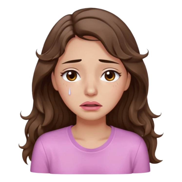 girl with wavy long brown hair, brown eyes, light to medium complexion, long lashes, light pink lipstick, wearing light pink shirt, weeping lots of big tears sticker