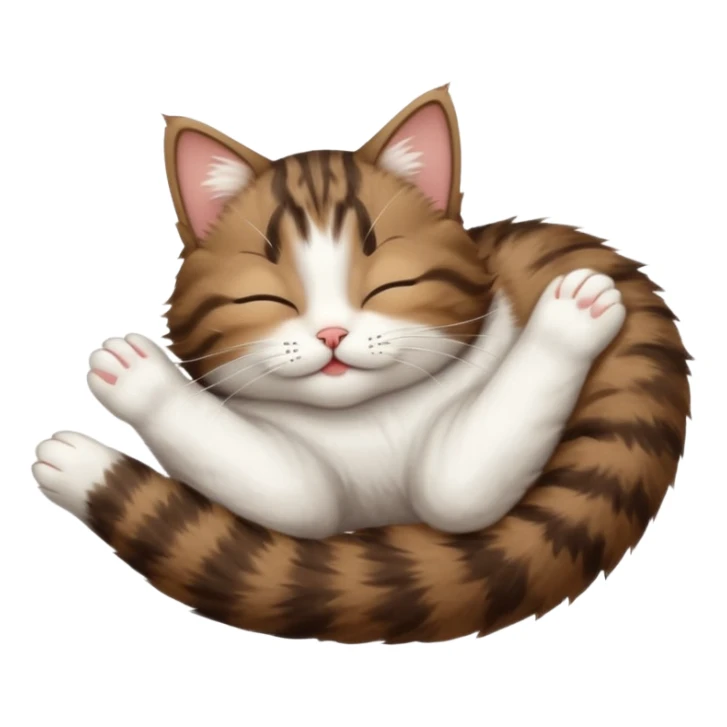 dark brown tabby and white small cat in funny positions upside down with eyes closed sticker