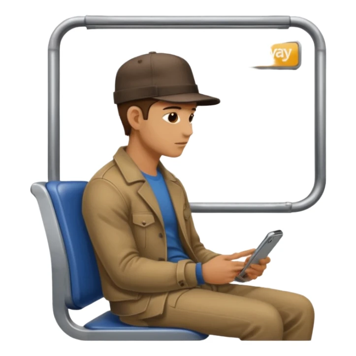 Man sitting on a subway seat, side view, passenger sticker