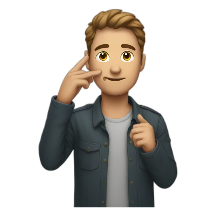 A man points with his hand to his eye sticker