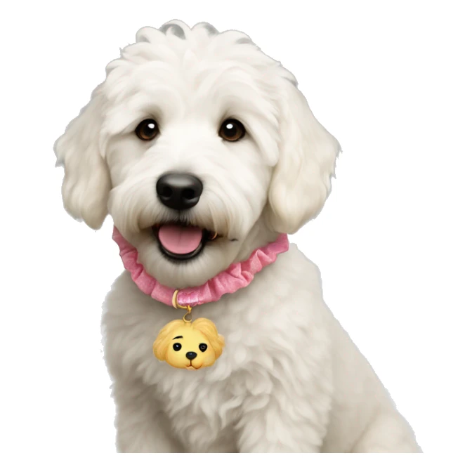 White mini golden doodle with scrunchie in mouth sticker
