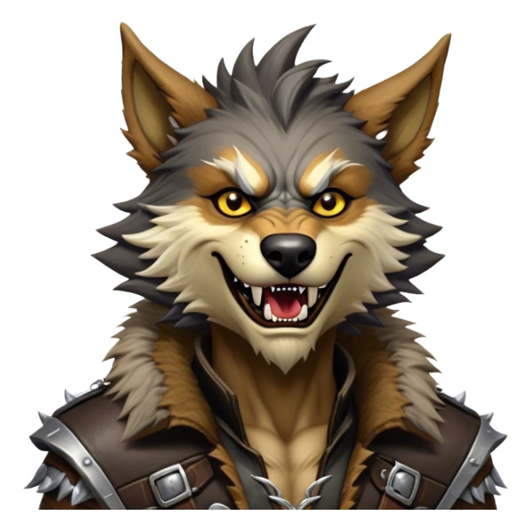 Cinematic Realistic WoW Worgen Portrait, head tilted dramatically with an exaggeratedly amused expression, blending ferocious beastliness with a touch of unexpected humor. His rugged fur, tanned skin, and worn leather garments are rendered with meticulous detail and dynamic lighting, high shine, dramatic yet whimsical, capturing the essence of a worgen whose epic might is tempered by a playful, irreverent charm. sticker