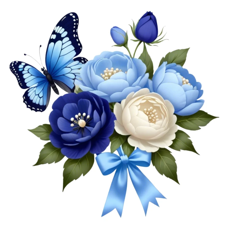 An elegant butterfly with midnight blue and sky blue wings, accented with delicate white tracings, hovering above a beautifully arranged bouquet of soft pastel blue peonies and deep indigo pansies, tied together with a flowing pearl satin ribbon. sticker