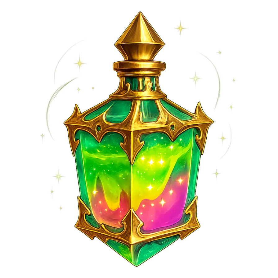 crystal luxurious elixir bottle like liquid glowing slime, bright colors, lots of shine, edges, ornaments, golden details, magical effects, very small golden neck, transparent background, beautiful seamless bottom, bottle clearly floating in air, no base or shadow, very luxurious, playful, matching collection sticker