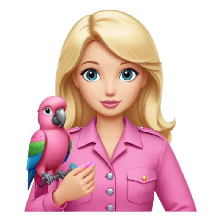 Blonde zookeeper Barbie, pink outfit, holding a pink parrot sticker