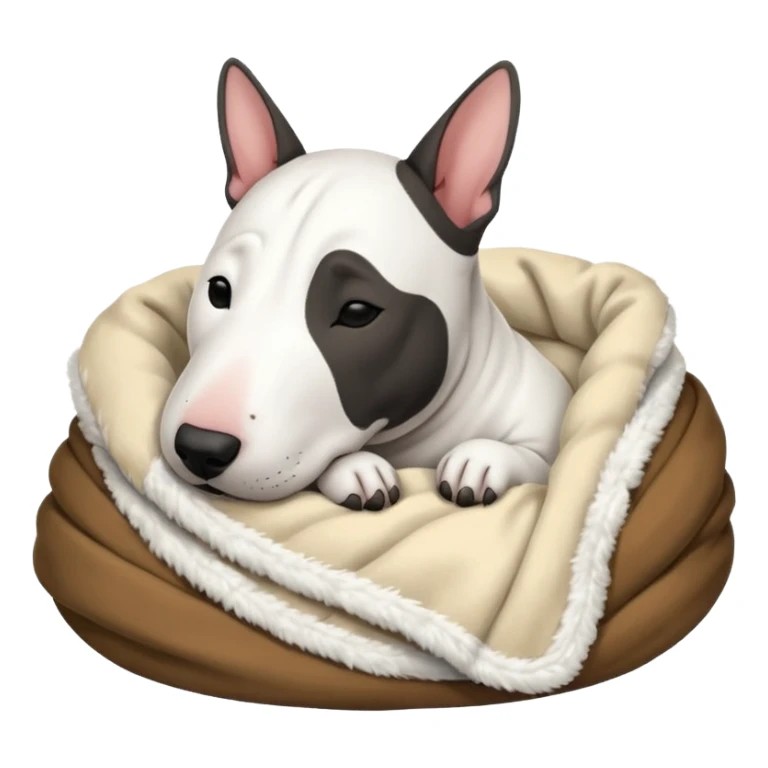 bull terrier sleeping cozy with blanket black head and eats sticker