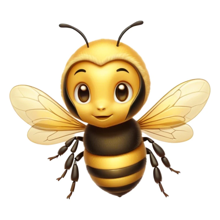 Cinematic Cute Bee Portrait Emoji, Head tilted playfully and inquisitively, featuring a delightfully small, fuzzy body with bright, shimmering eyes and adorable, delicate wings, Simplified yet irresistibly adorable features, highly detailed, glowing with a warm, inviting glow, high shine, affectionate and lively, stylized with a touch of whimsical honeyed charm, soft glowing outline, capturing the essence of a mischievous bee that seems as if it could buzz out of the screen into your arms! sticker