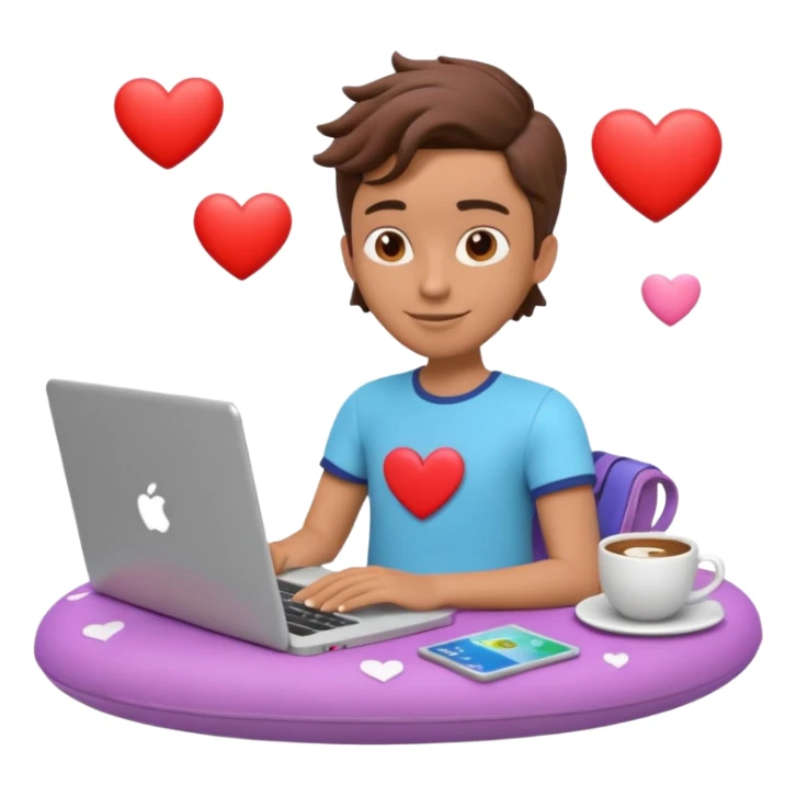 3D clay character relaxed with laptop and coffee, floating icons (hearts + dollars), colofrful modern outfit, white laptop, Pixar style, transparent background sticker