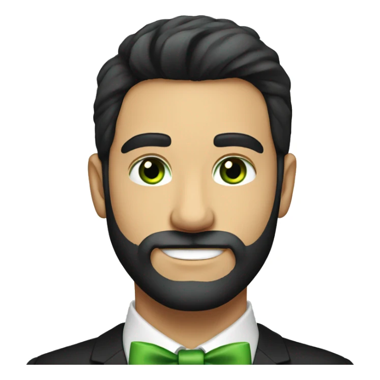 Young round face handsome man with bow tie and green eyes and full beard, black hair  sticker