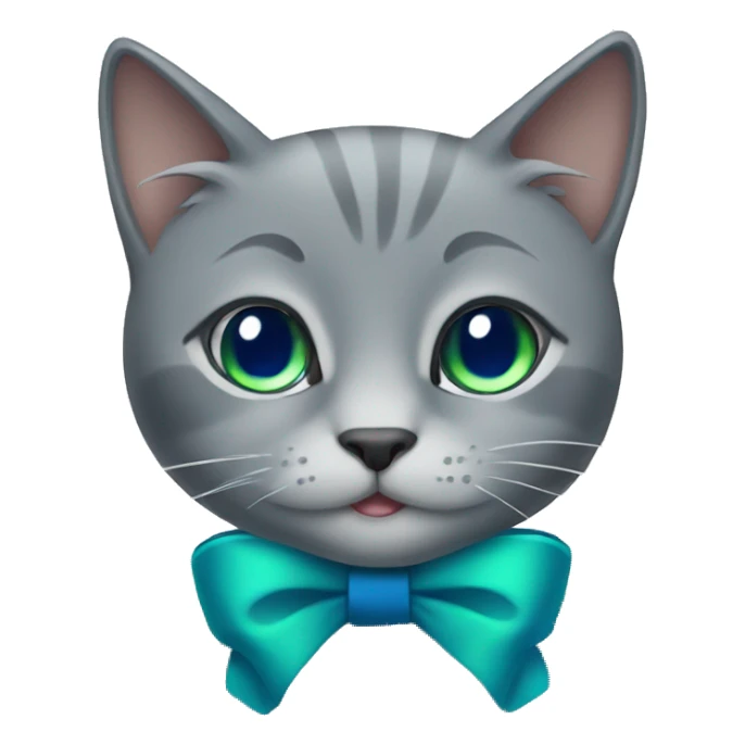 Gray cat with a blue bow and green eyes sticker