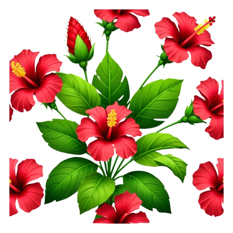bouquet red Hawaiian hibiscus, luxuriant, stem, leaf, bud sticker