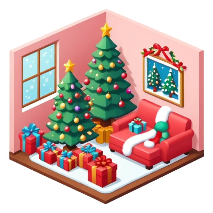 isometric room, christmas, flat design, kawaii sticker