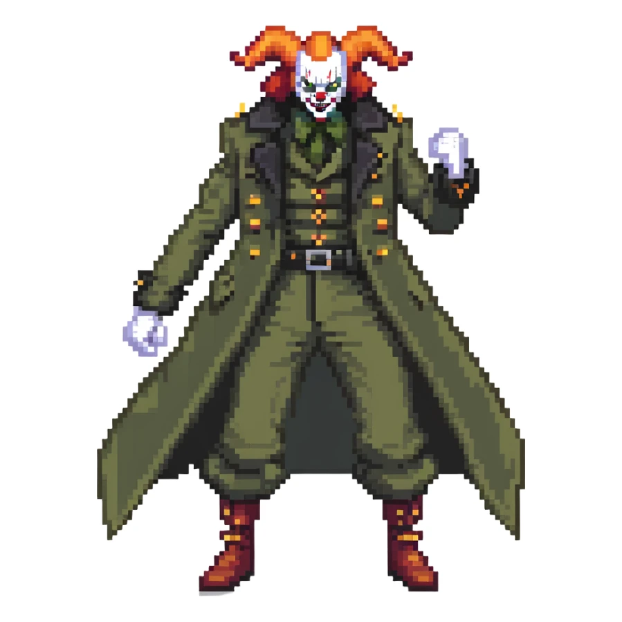 evil clown soldier, bald, small black horns on forehead, fangs, pointed ears, eye patch over one eye, long coat over black and military green clothes with bellbottom pants, tail, realistically proportioned, less bulky, full body, fighting stance sticker