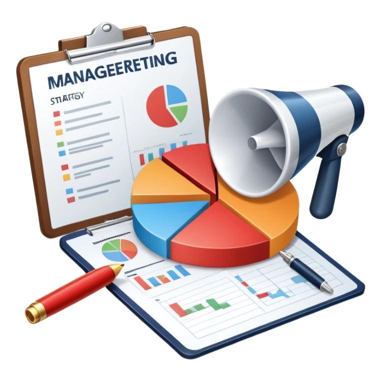 An icon featuring a pie chart, a megaphone, and a clipboard with strategy plans, symbolizing management and marketing. The design includes upward-trending graphs set against a modern office backdrop. Transparent background emphasizes business strategy and communication. sticker