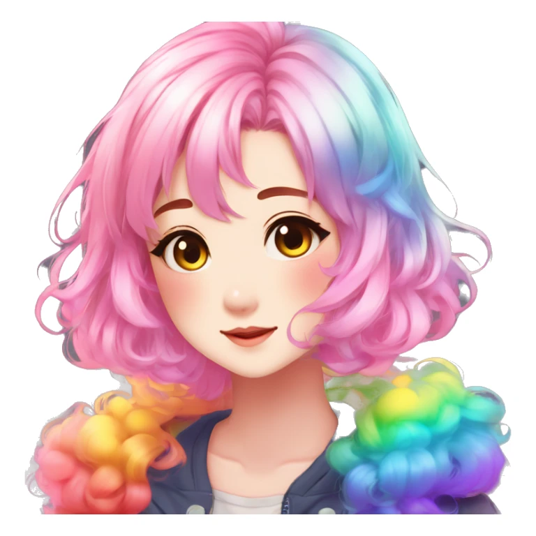 Gorgeous anime style shojo character with blushing face aesthetic and pretty colorful shiny gradient neon rainbow hair with hair garment trending style sticker