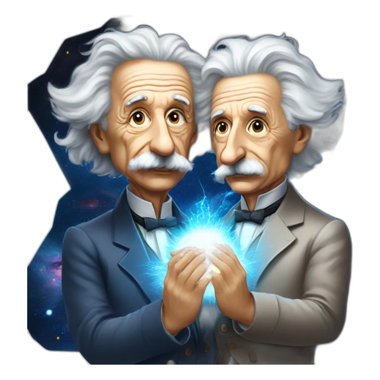 Albert Einstein with a galaxy ins his hands and Nikola Tesla with beams on his Hands back to back sticker
