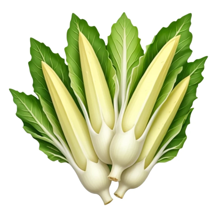 Belgian endive, whole, elongated and compact, pointed tip, tightly packed leaves, pale yellow to green outer leaves, creamy white base, smooth and crisp, subtle veins, 3D clean style, no faces, transparent background sticker