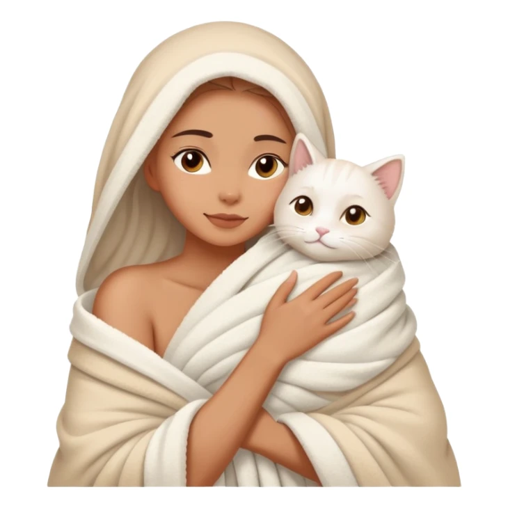A beautiful woman wrapped in a blanket after taking a bath hugs a white cat sticker