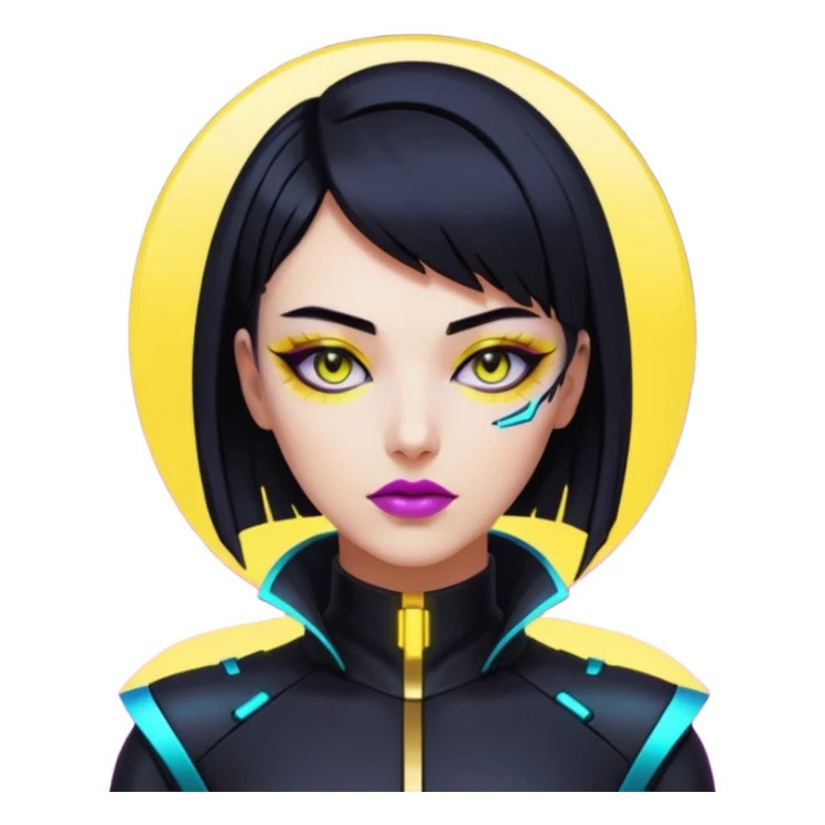 Cyberpunk woman, sleek black bob, gold neck cyberware, sharp eyeliner, neon lighting sticker