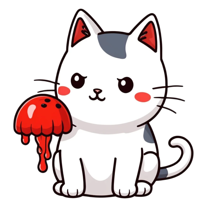 A black and white cat with a red jelly on top of his head sticker