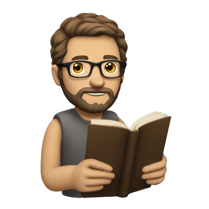 Caucasian man reading book. Brown hair, glasses, and a beard sticker