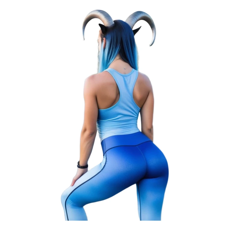 Disapponted-big tears-head back texting on phone-very very large upper body-sexy face-bending forward at waist-very long very straight dark blue to light blue ombre hair-and-blue eyes-thick black eyeliner-cute goat horns-iridescent blue lowcut tanktop with black leggings with glitter superman logo sticker